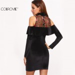 COLROVIE European Style Women Sheath Mini Dress Black Embroidered Mesh Neck Cold Shoulder Ruffle Velvet Dress 