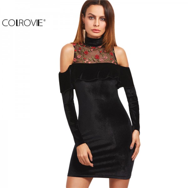 COLROVIE European Style Women Sheath Mini Dress Black Embroidered Mesh Neck Cold Shoulder Ruffle Velvet Dress 