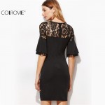 COLROVIE Fashion Dress for Women Clothing Elegant Dresses Designer Dress Black Sheer Lace Neck Ruffle Sleeve Bodycon Dress 