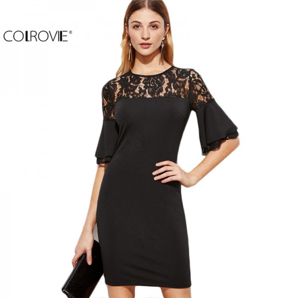 COLROVIE Fashion Dress for Women Clothing Elegant Dresses Designer Dress Black Sheer Lace Neck Ruffle Sleeve Bodycon Dress 