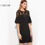 COLROVIE Fashion Dress for Women Clothing Elegant Dresses Designer Dress Black Sheer Lace Neck Ruffle Sleeve Bodycon Dress 