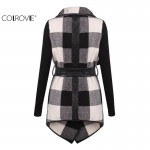 COLROVIE Fashion Outerwears Women Spring Design Brand Ladies Trench Coat Casual Splicing Black White Plaid Long Sleeve Belt Coat