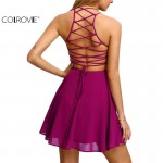 COLROVIE Hot Pink Cross Lace Up Backless Spaghetti Strap Short Skater Dress Women A Line Sleeveless Mini Dress