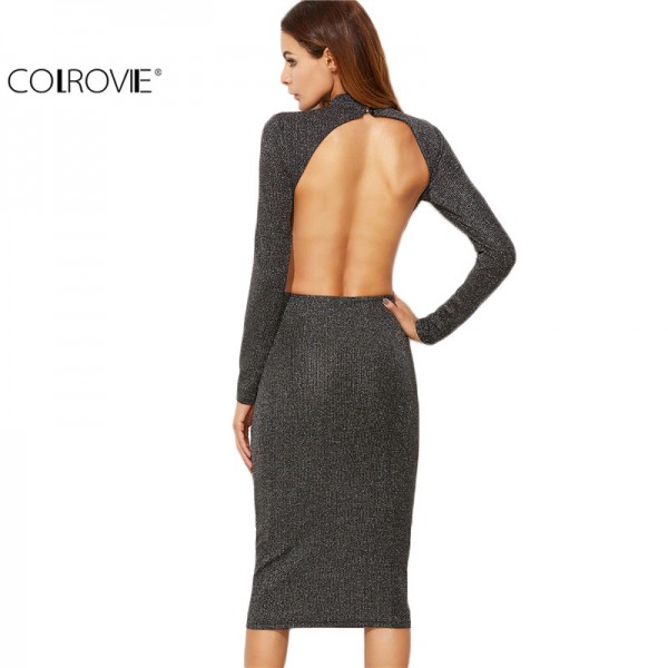 COLROVIE Korean Style Women Party Dresses Elegant Evening Midi Dress Grey Ribbed Knit Open Back Sparkle Dress 