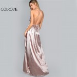 COLROVIE Maxi Party Dress Women Pink Plunge Neck Sexy Cross Back Wrap High Slit Summer Dresses Elegant Club Long Cami Dress