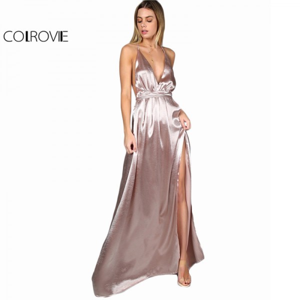 COLROVIE Maxi Party Dress Women Pink Plunge Neck Sexy Cross Back Wrap High Slit Summer Dresses Elegant Club Long Cami Dress