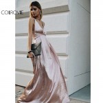 COLROVIE Maxi Party Dress Women Pink Plunge Neck Sexy Cross Back Wrap High Slit Summer Dresses Elegant Club Long Cami Dress