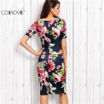 COLROVIE Navy Rose Print Slit Back Slim Pencil Dress 2017 Fall Ladies Round Neck Short Sleeve Knee Length Dress