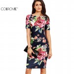 COLROVIE Navy Rose Print Slit Back Slim Pencil Dress 2017 Fall Ladies Round Neck Short Sleeve Knee Length Dress