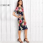 COLROVIE Navy Rose Print Slit Back Slim Pencil Dress 2017 Fall Ladies Round Neck Short Sleeve Knee Length Dress