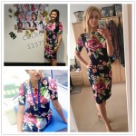 COLROVIE Navy Rose Print Slit Back Slim Pencil Dress 2017 Fall Ladies Round Neck Short Sleeve Knee Length Dress