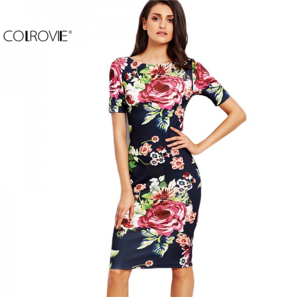 COLROVIE Navy Rose Print Slit Back Slim Pencil Dress 2017 Fall Ladies Round Neck Short Sleeve Knee Length Dress