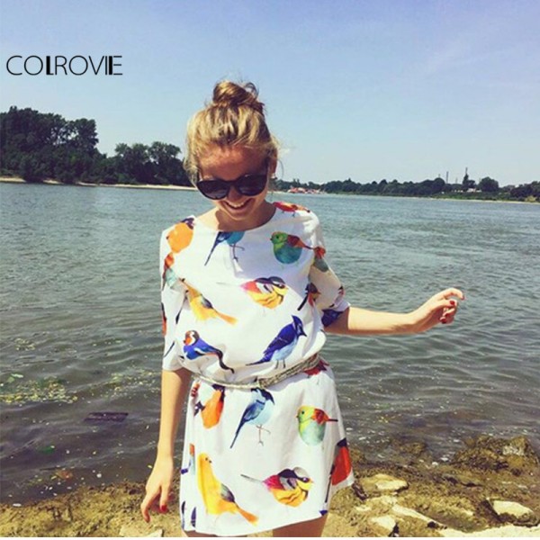 COLROVIE New Brand Hot Sale Summer Latest Design Women Clothing White Half Sleeve Birds Print Loose Glamorous Dress