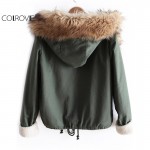 COLROVIE Newest Autumn Fashion Hot Top Faux Fur Green Long Sleeve High Street Women Casual Hooded Drawstring Coat