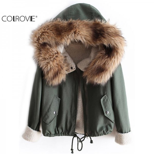 COLROVIE Newest Autumn Fashion Hot Top Faux Fur Green Long Sleeve High Street Women Casual Hooded Drawstring Coat