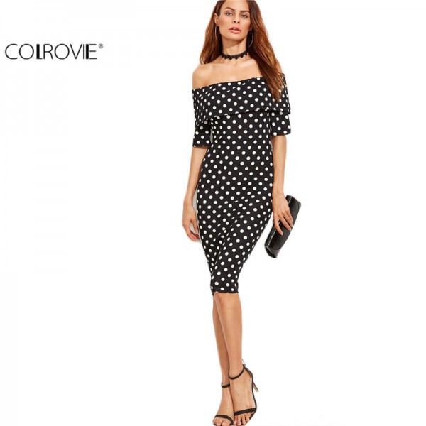 COLROVIE Off the Shoulder Dresses Women Dress Elegant Fall Black Polka Dot Print Foldover Off The Shoulder Dress 