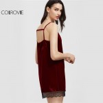 COLROVIE Party Sexy Summer Dress 2017 Club Wear Burgundy Contrast Lace Trim Strappy Back Velvet Cami Dress 