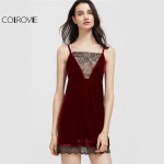 COLROVIE Party Sexy Summer Dress 2017 Club Wear Burgundy Contrast Lace Trim Strappy Back Velvet Cami Dress 