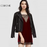 COLROVIE Party Sexy Summer Dress 2017 Club Wear Burgundy Contrast Lace Trim Strappy Back Velvet Cami Dress 