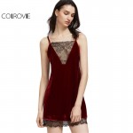 COLROVIE Party Sexy Summer Dress 2017 Club Wear Burgundy Contrast Lace Trim Strappy Back Velvet Cami Dress 