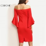 COLROVIE Red Women Dresses Ruffle Sleeve Off Shoulder Summer Dress Bodycon Sheath Dress Ladies Club Wear Mini Dress