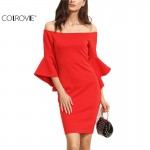 COLROVIE Red Women Dresses Ruffle Sleeve Off Shoulder Summer Dress Bodycon Sheath Dress Ladies Club Wear Mini Dress