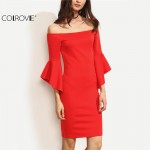 COLROVIE Red Women Dresses Ruffle Sleeve Off Shoulder Summer Dress Bodycon Sheath Dress Ladies Club Wear Mini Dress