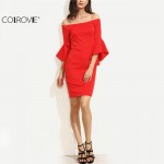 COLROVIE Red Women Dresses Ruffle Sleeve Off Shoulder Summer Dress Bodycon Sheath Dress Ladies Club Wear Mini Dress