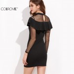 COLROVIE Sexy Club Dresses New Arrival Sheath Mini Dress Black Dotted Mesh Shoulder And Sleeve Ruffle Bodycon Dress 