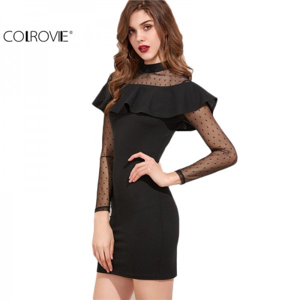 COLROVIE Sexy Club Dresses New Arrival Sheath Mini Dress Black Dotted Mesh Shoulder And Sleeve Ruffle Bodycon Dress 