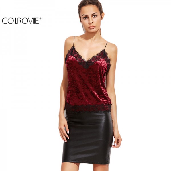 COLROVIE Sexy Fashion Tops Women Strap Sexy Lace Tops Burgundy Contrast Lace Trim Velvet Sleeveless Cami Top Camisole