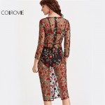 COLROVIE Sexy Floral Mesh Dress Women 2017 Black Vintage Embroidery 3/4 Sleeve Summer Dresses Elegant Casual Beach Club Dress