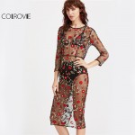 COLROVIE Sexy Floral Mesh Dress Women 2017 Black Vintage Embroidery 3/4 Sleeve Summer Dresses Elegant Casual Beach Club Dress