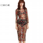 COLROVIE Sexy Floral Mesh Dress Women 2017 Black Vintage Embroidery 3/4 Sleeve Summer Dresses Elegant Casual Beach Club Dress