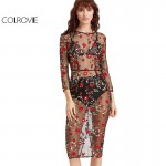 COLROVIE Sexy Floral Mesh Dress Women 2017 Black Vintage Embroidery 3/4 Sleeve Summer Dresses Elegant Casual Beach Club Dress