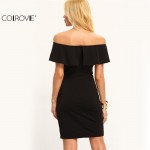 COLROVIE Sexy Ladies Black Off The Shoulder Ruffle Split Sheath Mini Dress Female Short Sleeve  Bodycon Club Wear Dress