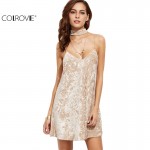 COLROVIE Sexy Velvet Dress Women Party Dresses Winter Autumn Backless Mini Dress Apricot Crushed With Neck Tie Cami Dress 