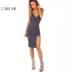 COLROVIE Split Side Cami Summer Dress Women Grey Bodycon Sexy V Neck Midi Club Dresses 2017 Fashion Backless Empire Party Dress