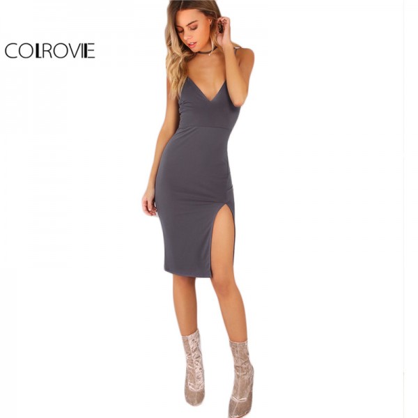 COLROVIE Split Side Cami Summer Dress Women Grey Bodycon Sexy V Neck Midi Club Dresses 2017 Fashion Backless Empire Party Dress