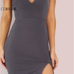 COLROVIE Split Side Cami Summer Dress Women Grey Bodycon Sexy V Neck Midi Club Dresses 2017 Fashion Backless Empire Party Dress