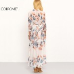 COLROVIE Summer Beach Style Woman Flower Print Chiffon Long Shirt Dresses Deep V Neck Women Casual Lapel Maxi Dress