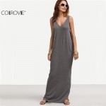 COLROVIE Summer Female Grey V Neck Backless Split Maxi Dress Beach Wear Solid Sleeveless Backless Plunge Long Dress