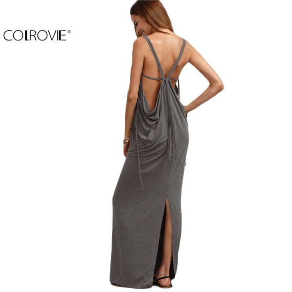 COLROVIE Summer Female Grey V Neck Backless Split Maxi Dress Beach Wear Solid Sleeveless Backless Plunge Long Dress