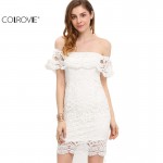 COLROVIE Summer Style Sexy Women Mini Dresses White Off the Shoulder Short Sleeve  Strapless Lace Ruffle Bodycon Dress