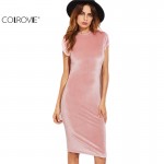 COLROVIE Velvet Sheath Dress Office Ladies Round Neck Slim Pencil Dress Work Wear Knee Length Dress