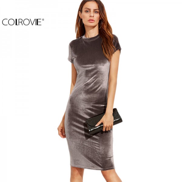 COLROVIE Velvet Sheath Dress Office Ladies Round Neck Slim Pencil Dress Work Wear Knee Length Dress