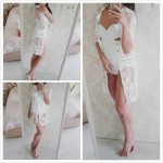 COLROVIE White Lace Deep V Neck See-through Dress Summer Beach Wear Sexy Plunge Three Quarter Length Drawstring Dress