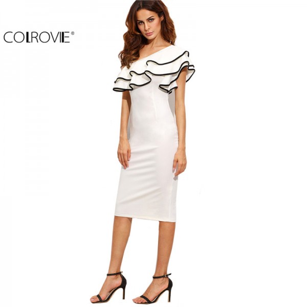 COLROVIE White One Shoulder Ruffle Sleeve Sheath Midi Dress Office Ladies Work Wear Elegant Slim Pencil Dress