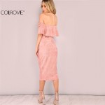 COLROVIE Woman Party dresses Elegant Evening Sexy Club Dresses New Arrival Pink Faux Suede Off The Shoulder Ruffle Dress 