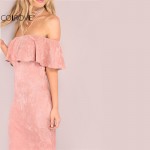 COLROVIE Woman Party dresses Elegant Evening Sexy Club Dresses New Arrival Pink Faux Suede Off The Shoulder Ruffle Dress 